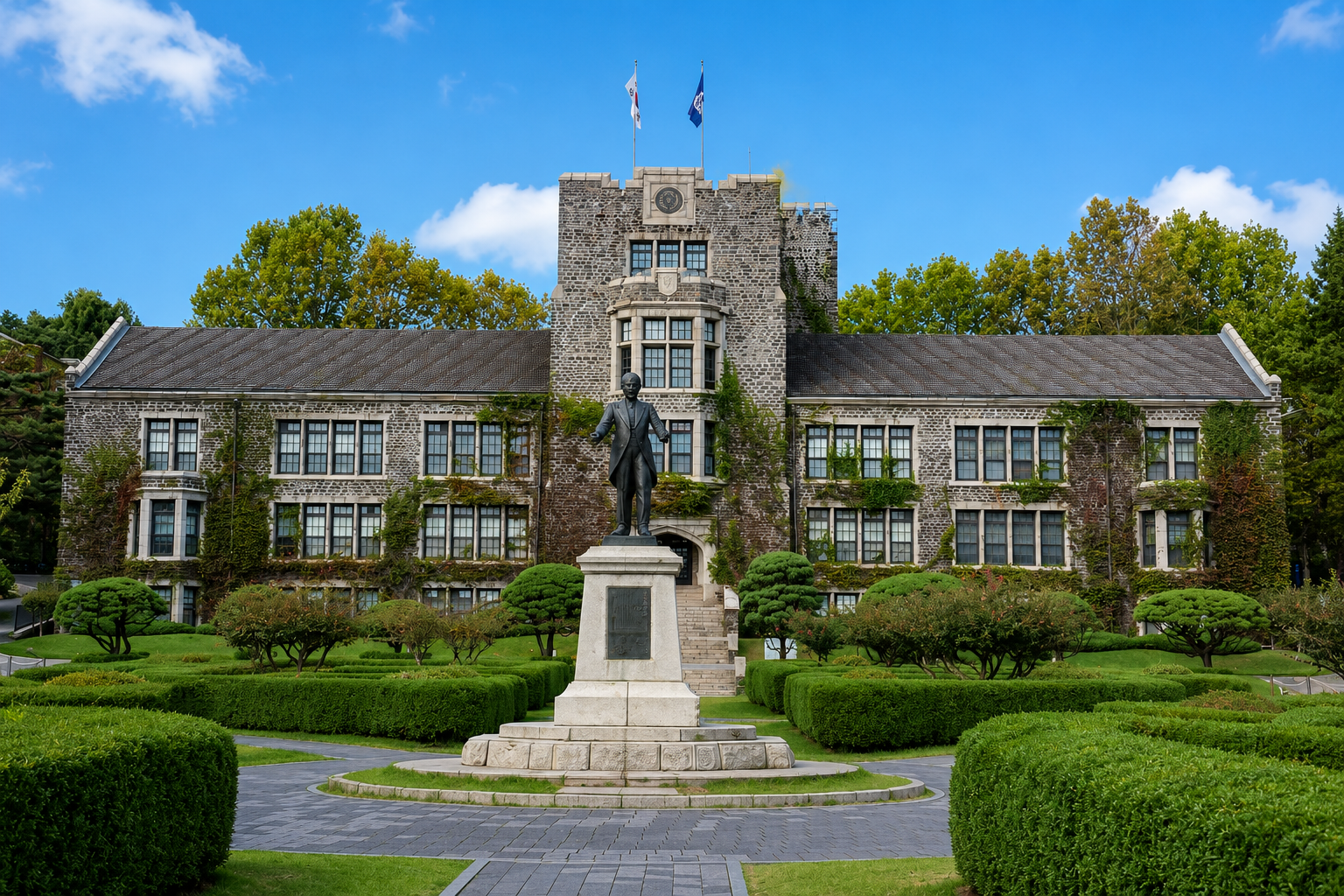 Korean university campus building in Seoul with landscaped gardens